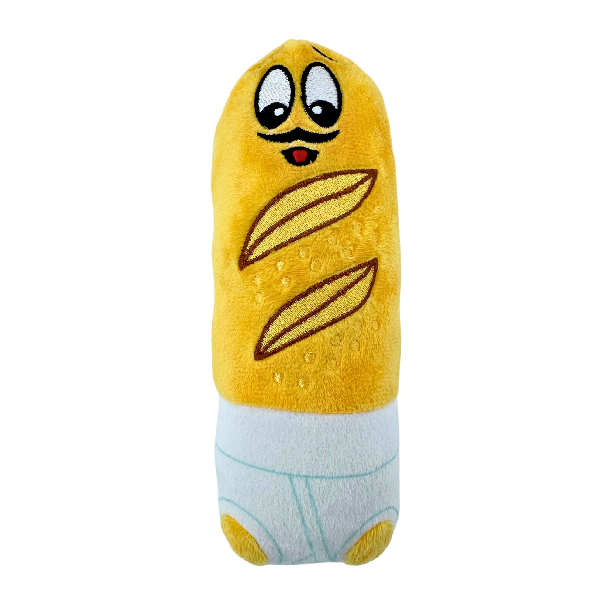 Plush baguette dog toy with mustached face, bread slashes, and white underpants