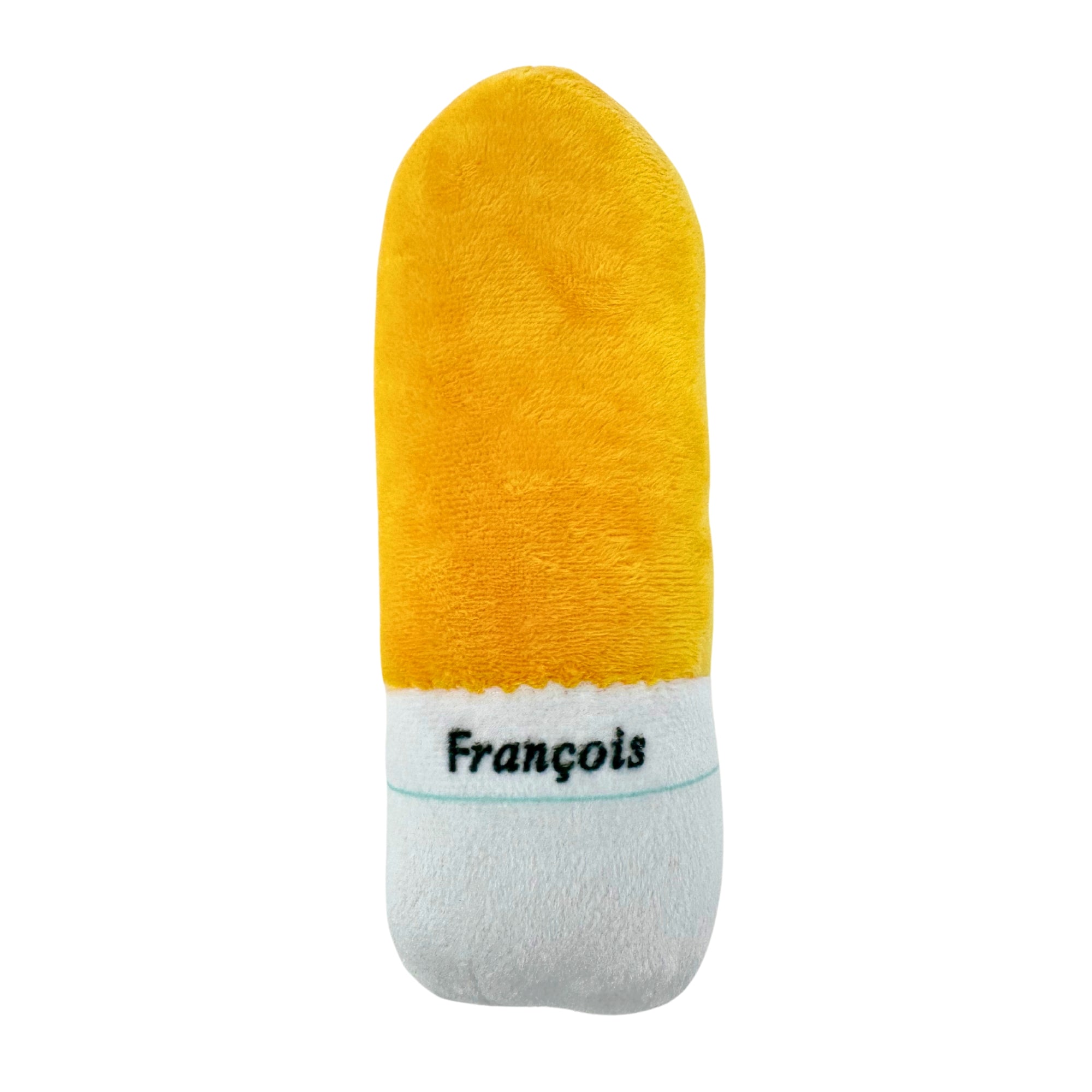 Plush yellow and white baguette-shaped dog toy with “François” embroidered on the bottom white section