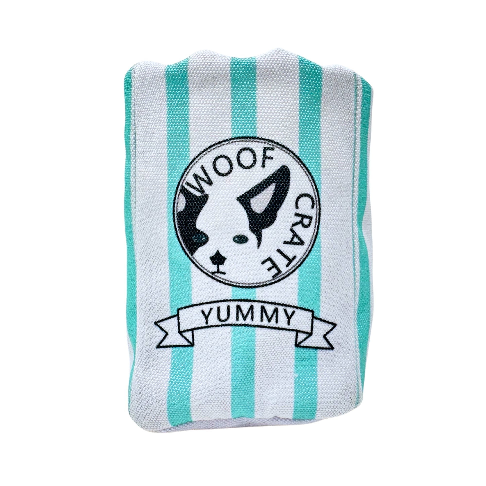 Striped WoofCrate pouch labeled “Yummy”