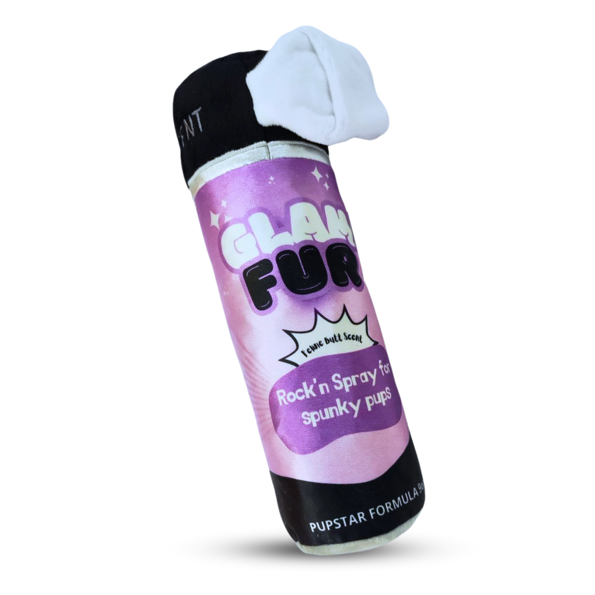 Pink and black spray can-shaped dog toy labeled “Glam Fur”
