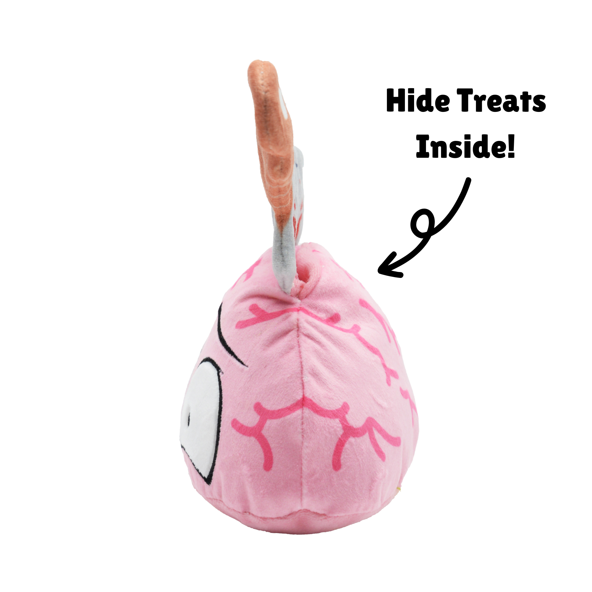 Side view of the Brain Suey dog toy with arrow pointing to hidden treat pocket