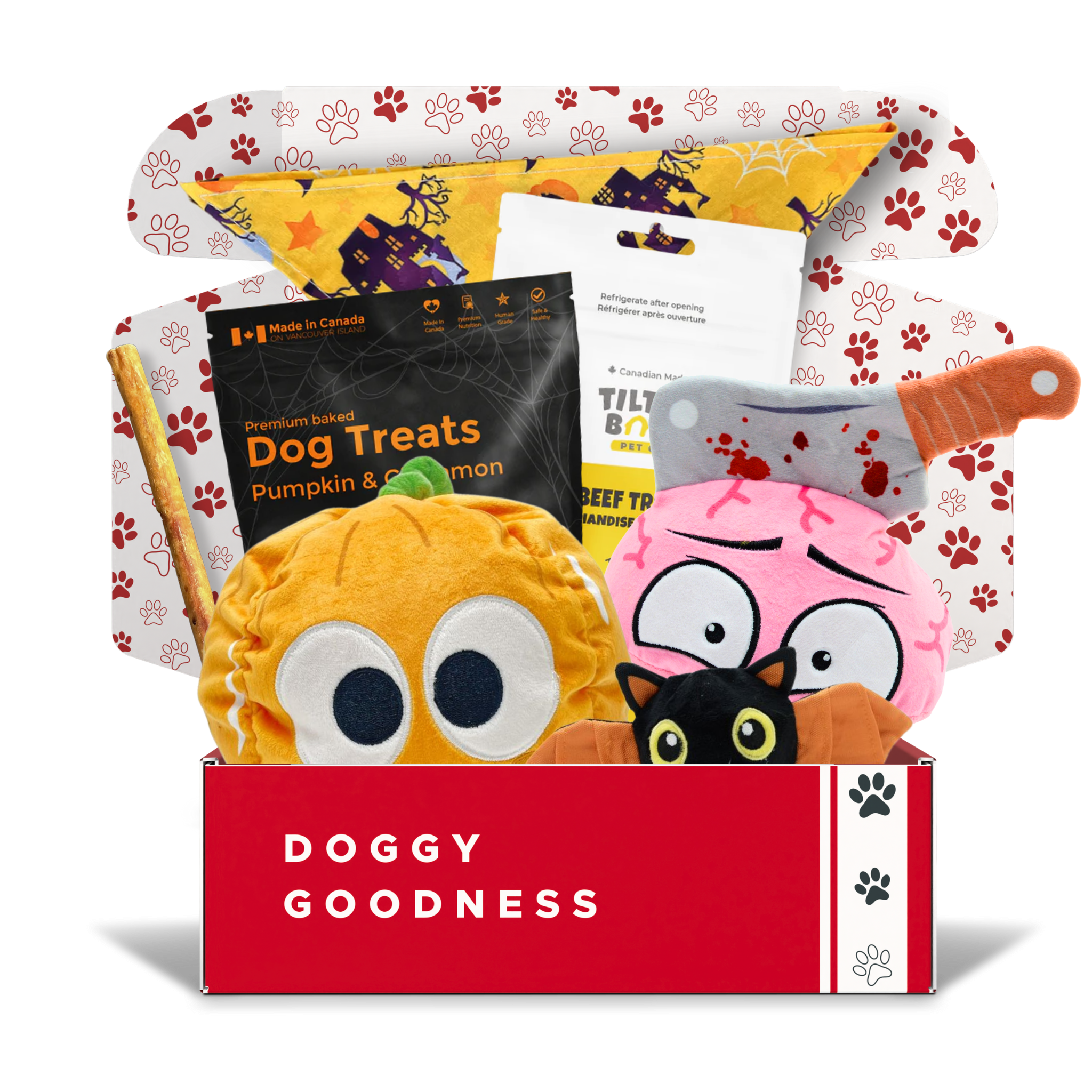 Halloween WoofCrate box with spooky dog toys, two treat packs, chew stick, and festive bandana