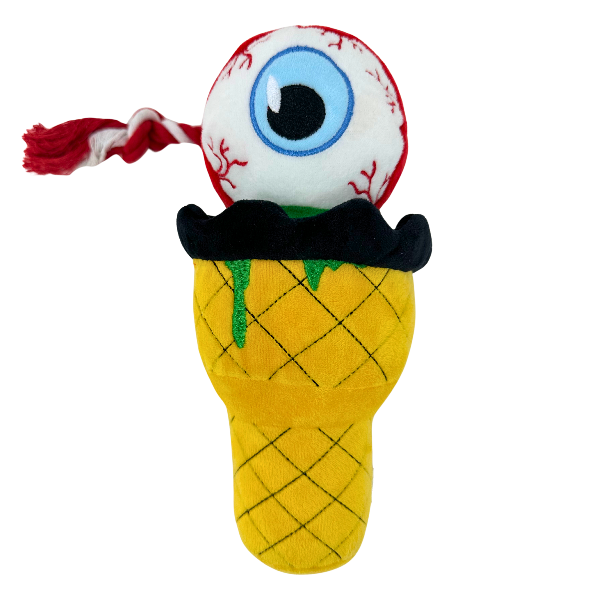Plush dog toy styled as an ice cream sundae, featuring a creepy eyeball scoop with rope and a pineapple-textured cone