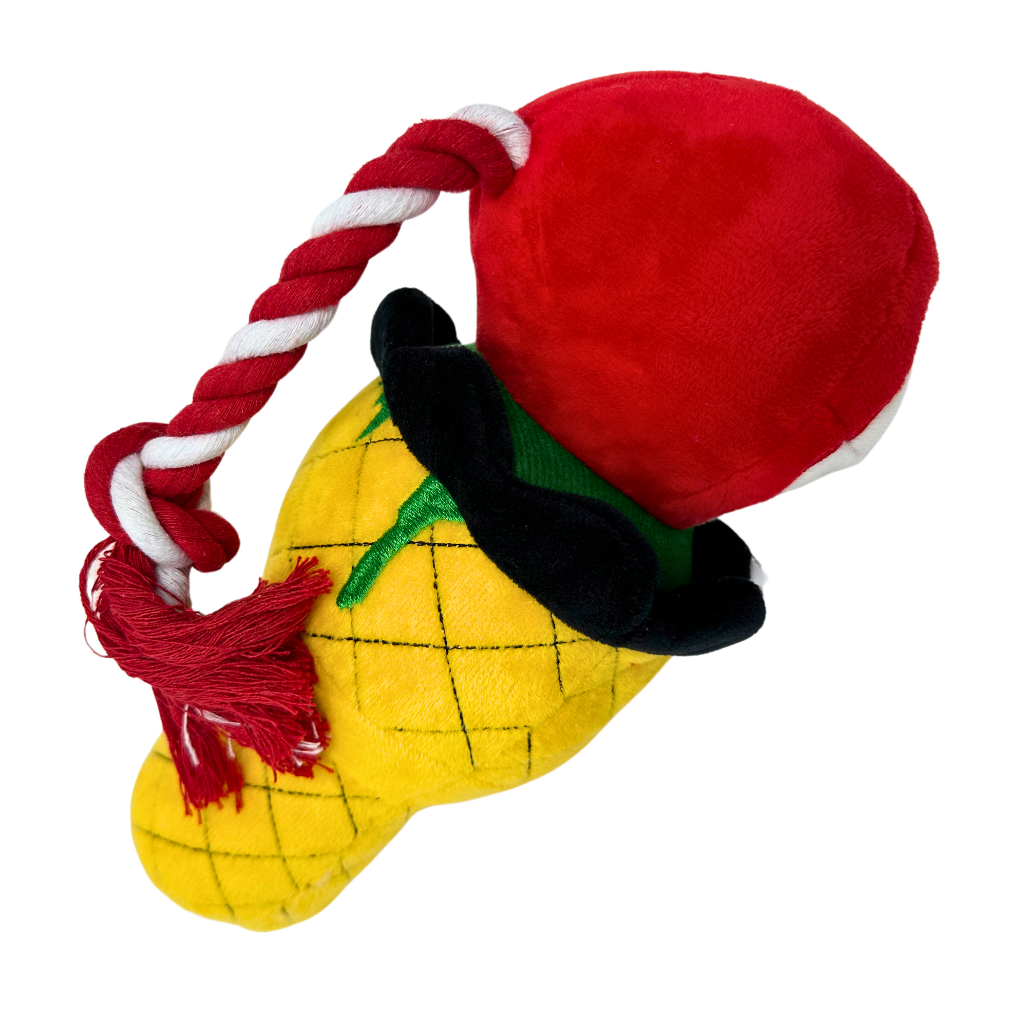 Plush dog toy styled as an ice cream sundae, with a rope attached to the red scoop top and a pineapple-textured cone