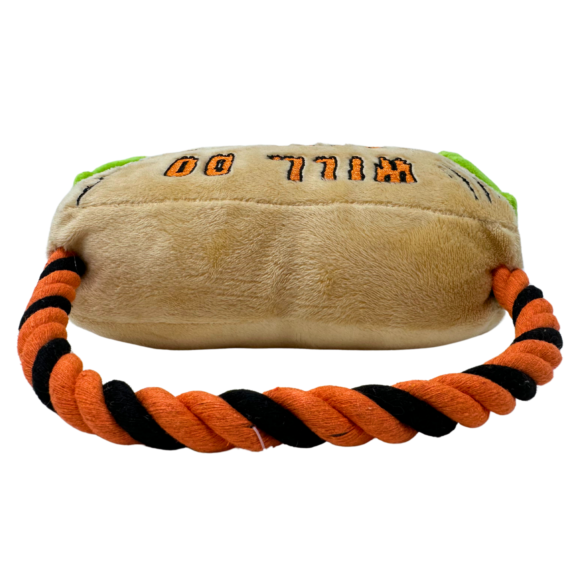 Plush dog toy with twisted black and orange rope and stitched "WILL DO" text