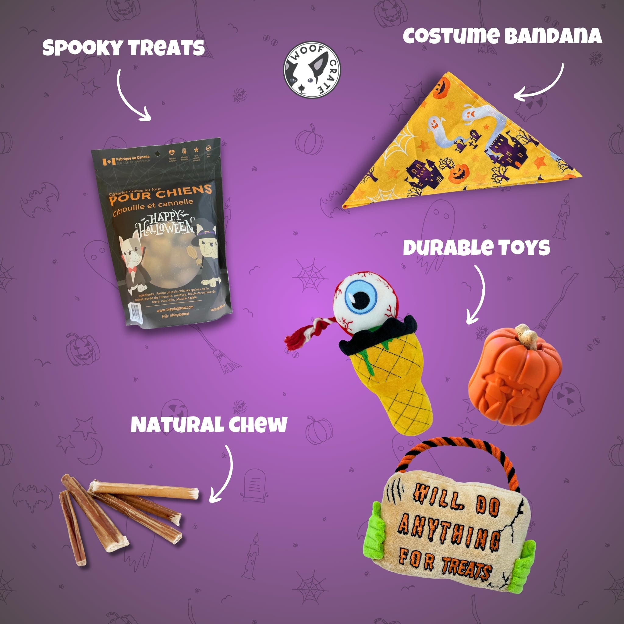 Halloween-themed WoofCrate contents: spooky treats, orange costume bandana, chew sticks, and three plush toys