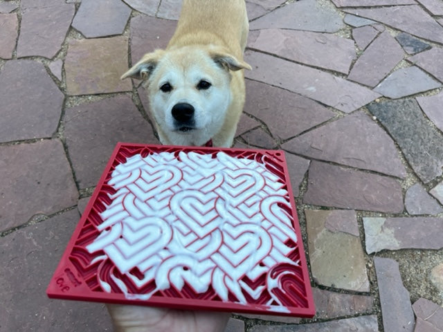 Dog with a red Hearts lick mat spread with yogurt