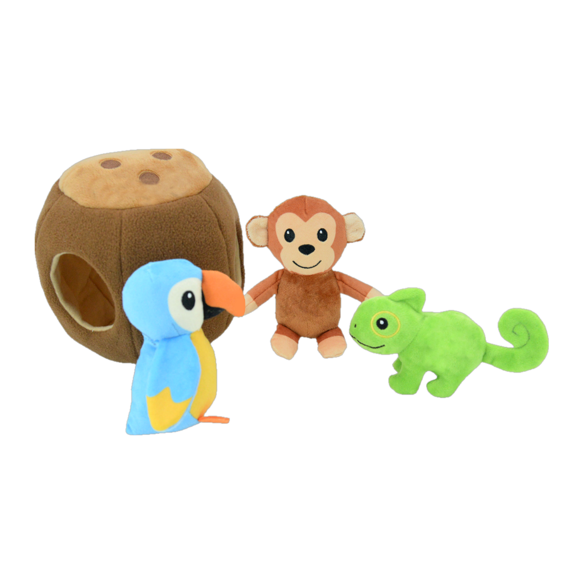 Waggly Hide-and-Seek Coconut Crew plush dog toy, coconut with mini parrot, monkey and chameleon
