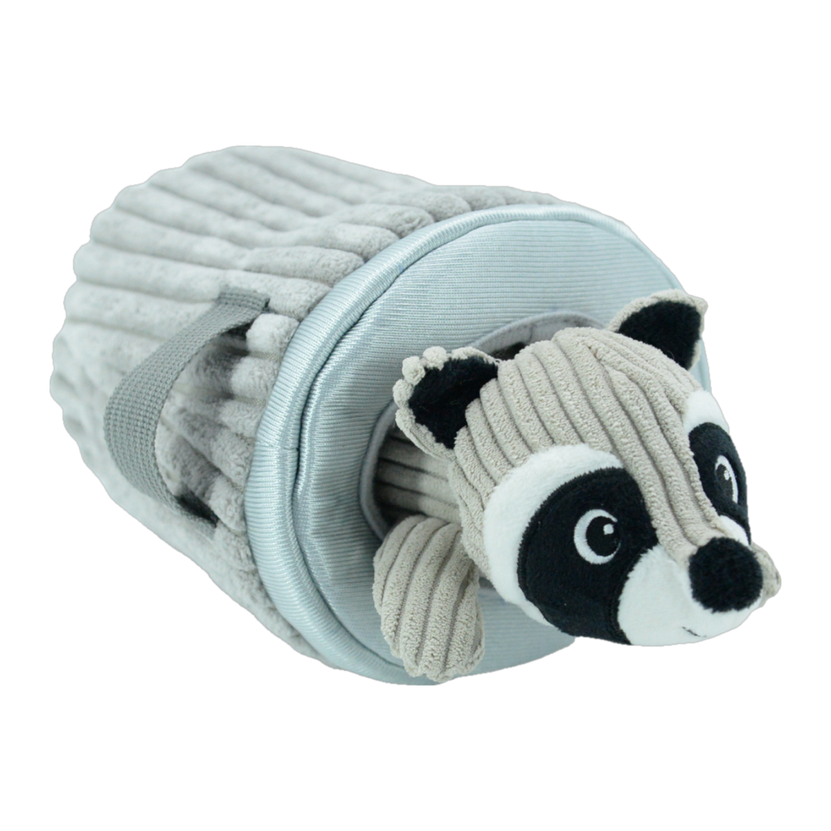 Waggly Hide-and-Seek Raccoon Garbage Can plush dog toy, raccoon peeking out of a grey corduroy garbage can