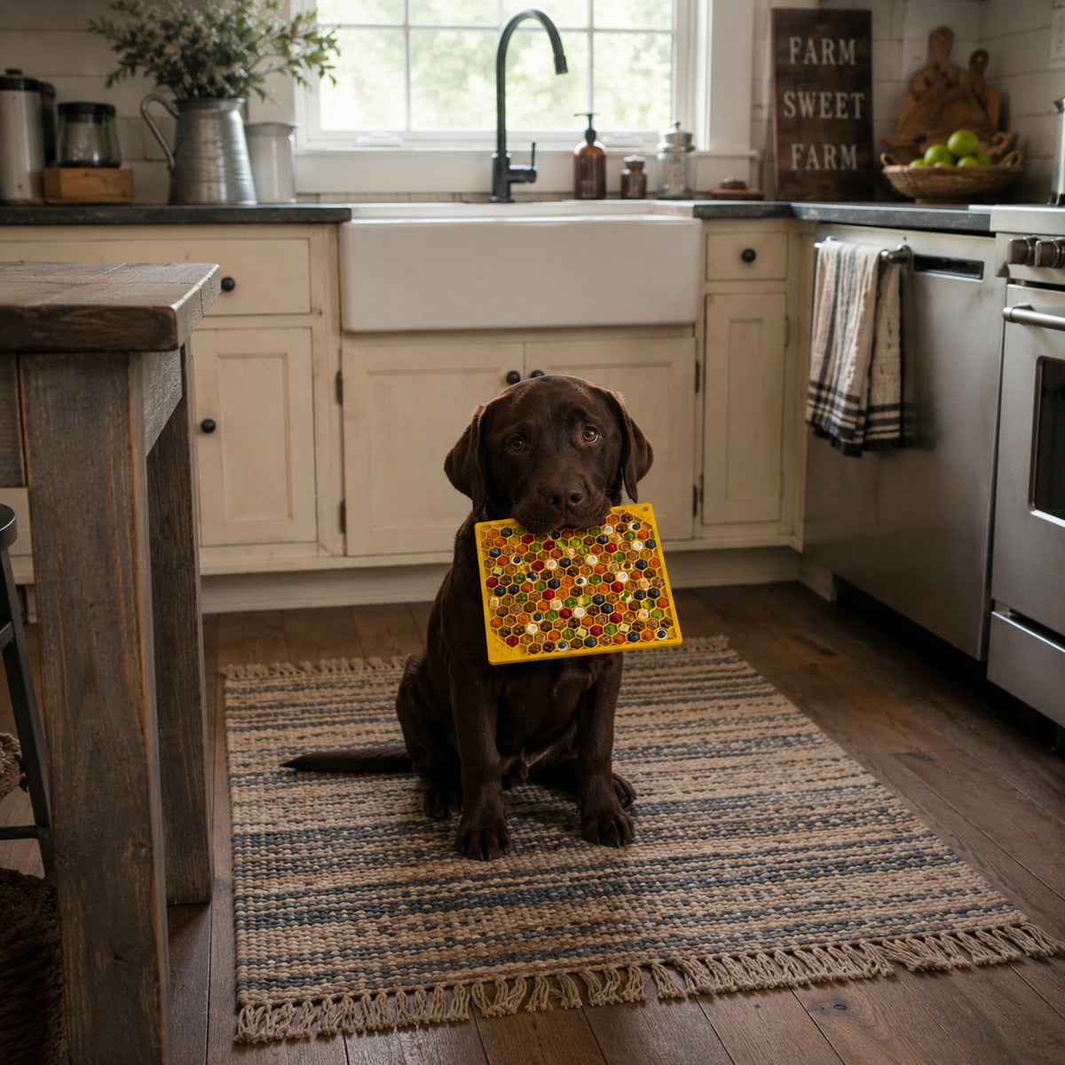 Dog sitting with a yellow Honeycomb lick mat in a kitchen