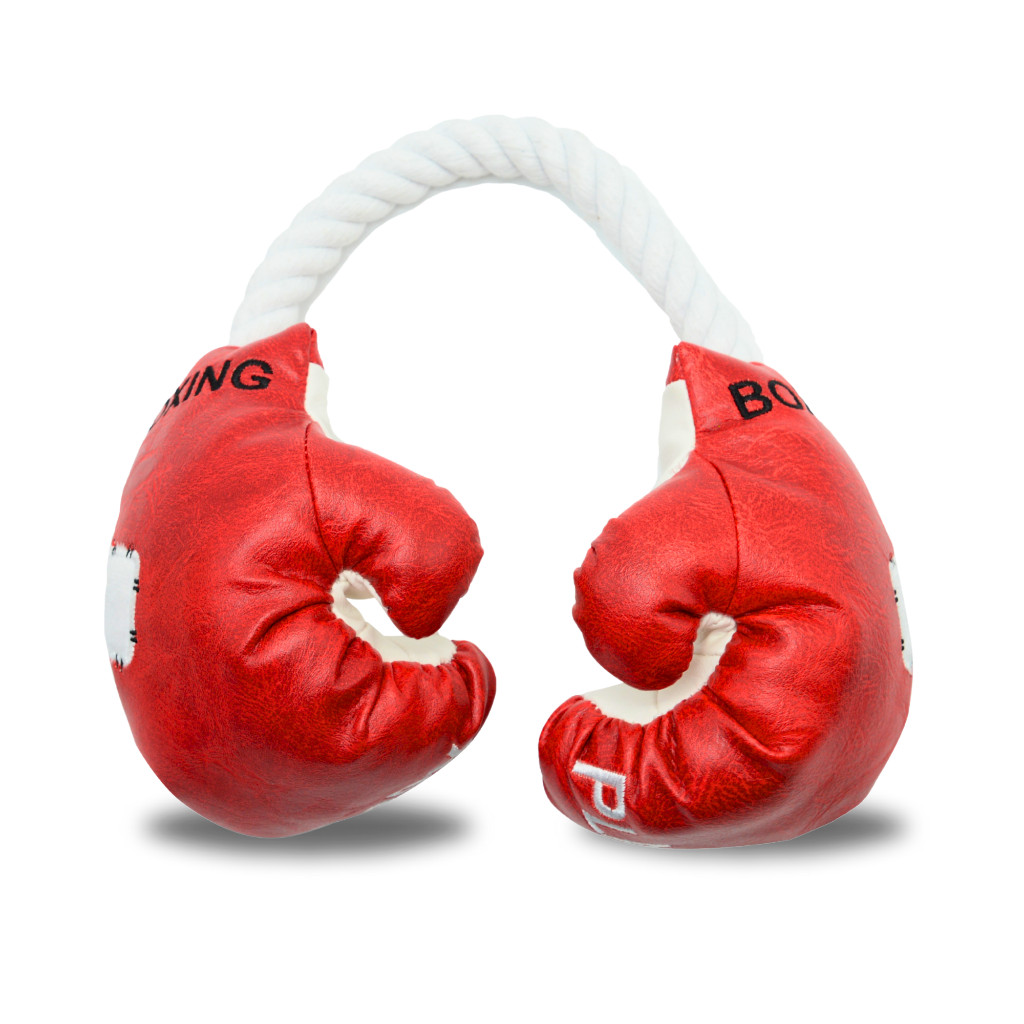 Red and white dog toy shaped like boxing gloves connected by a rope