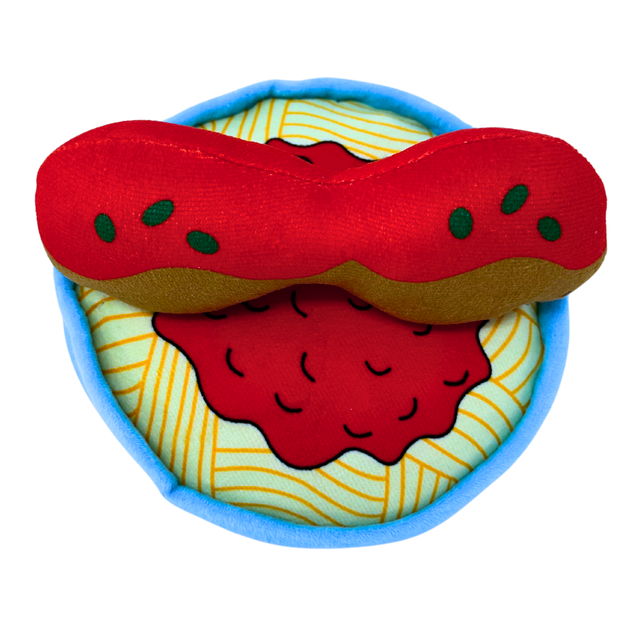 Dual-piece plush dog toy resembling a spaghetti plate with an added bun-shaped toy across the top