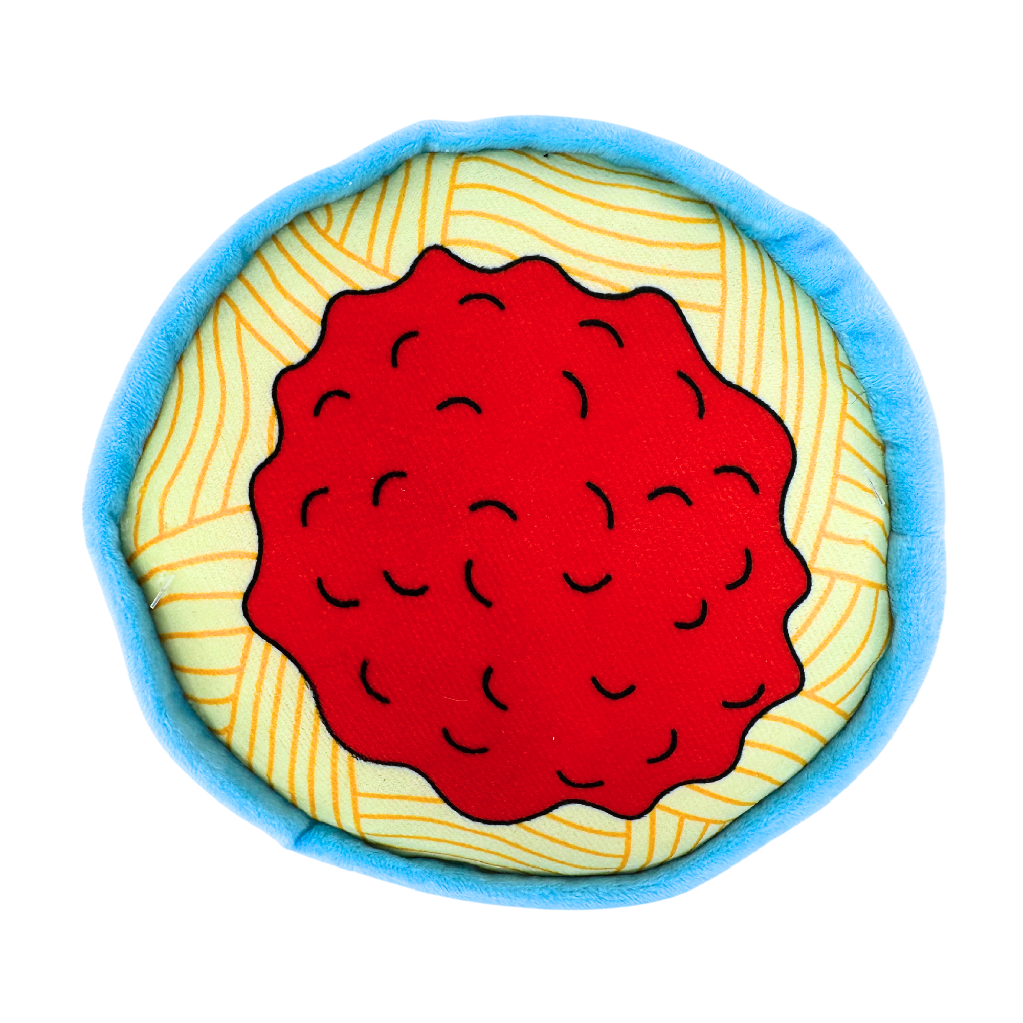 Dog toy designed like a spaghetti plate, with red meatball center on yellow swirls and blue outer trim