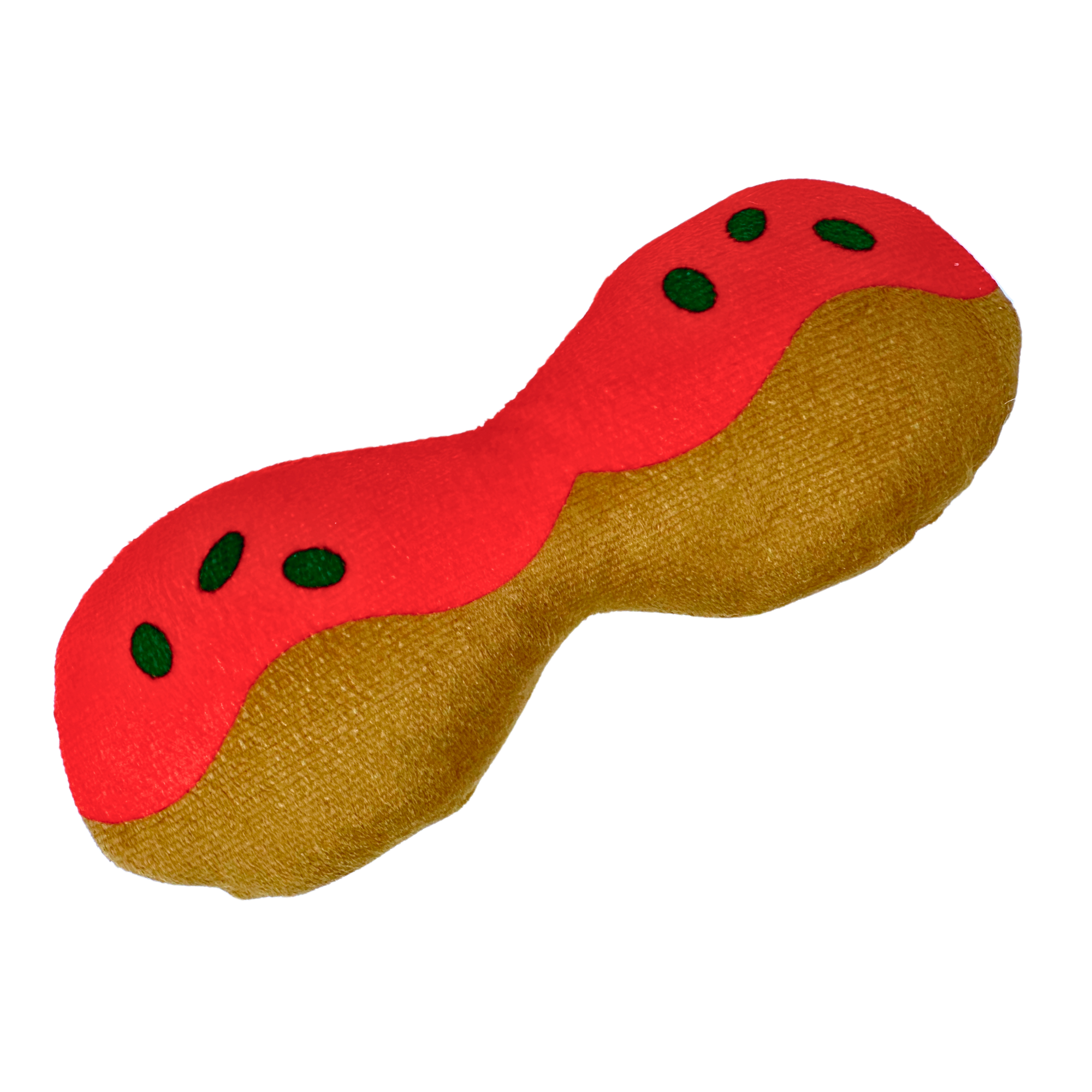Plush dog toy shaped like a bun, with red fabric sauce and small green felt details resembling toppings