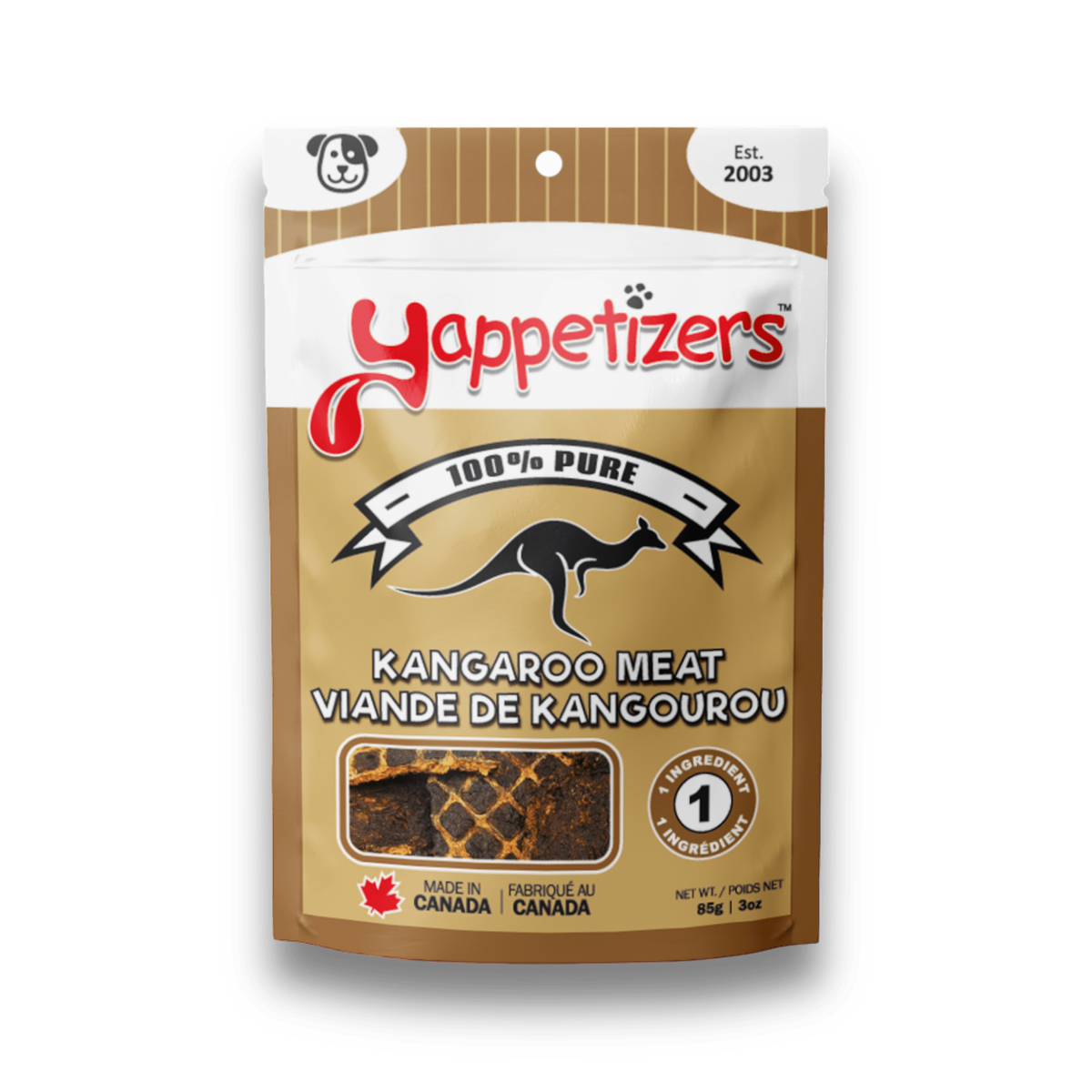 Yappetizers 100% Pure Kangaroo Meat dog treat bag, made in Canada, on a white background