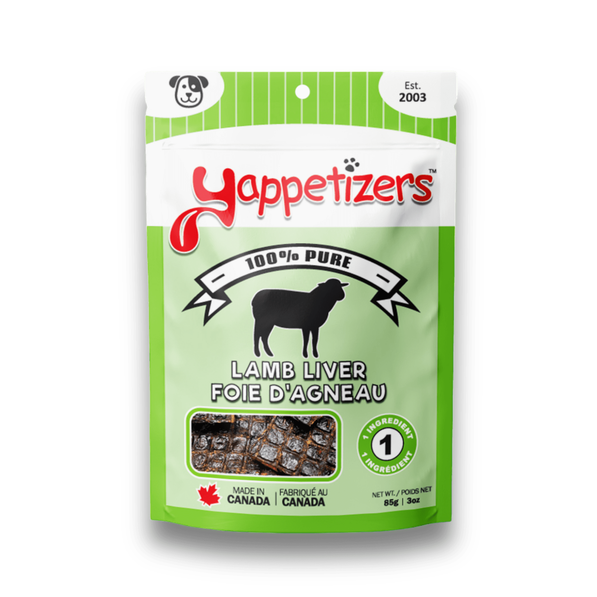Yappetizers 100% Pure Lamb Liver dog treat bag, made in Canada, on a white background