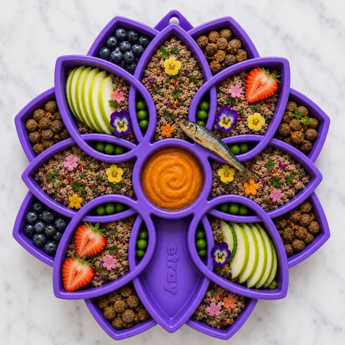 Purple Mandala eTray filled with fruit, vegetables and treats