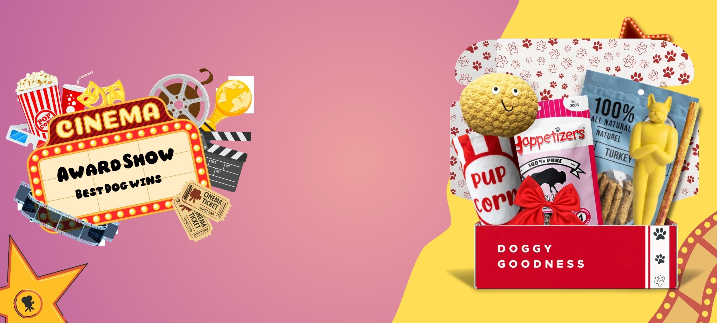 Dog subscription box with movie-themed treats and toys, including popcorn plush, yellow dog figure, and cinematic backdrop