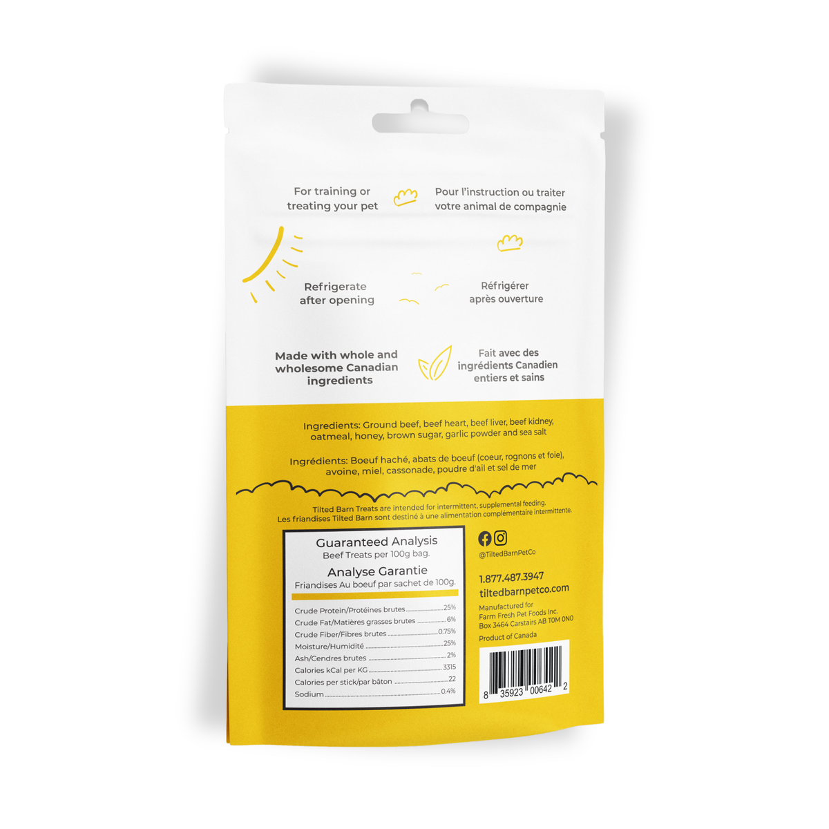 Back of Tilted Barn Beef Treats bag with ingredients, guaranteed analysis and refrigerate-after-opening note
