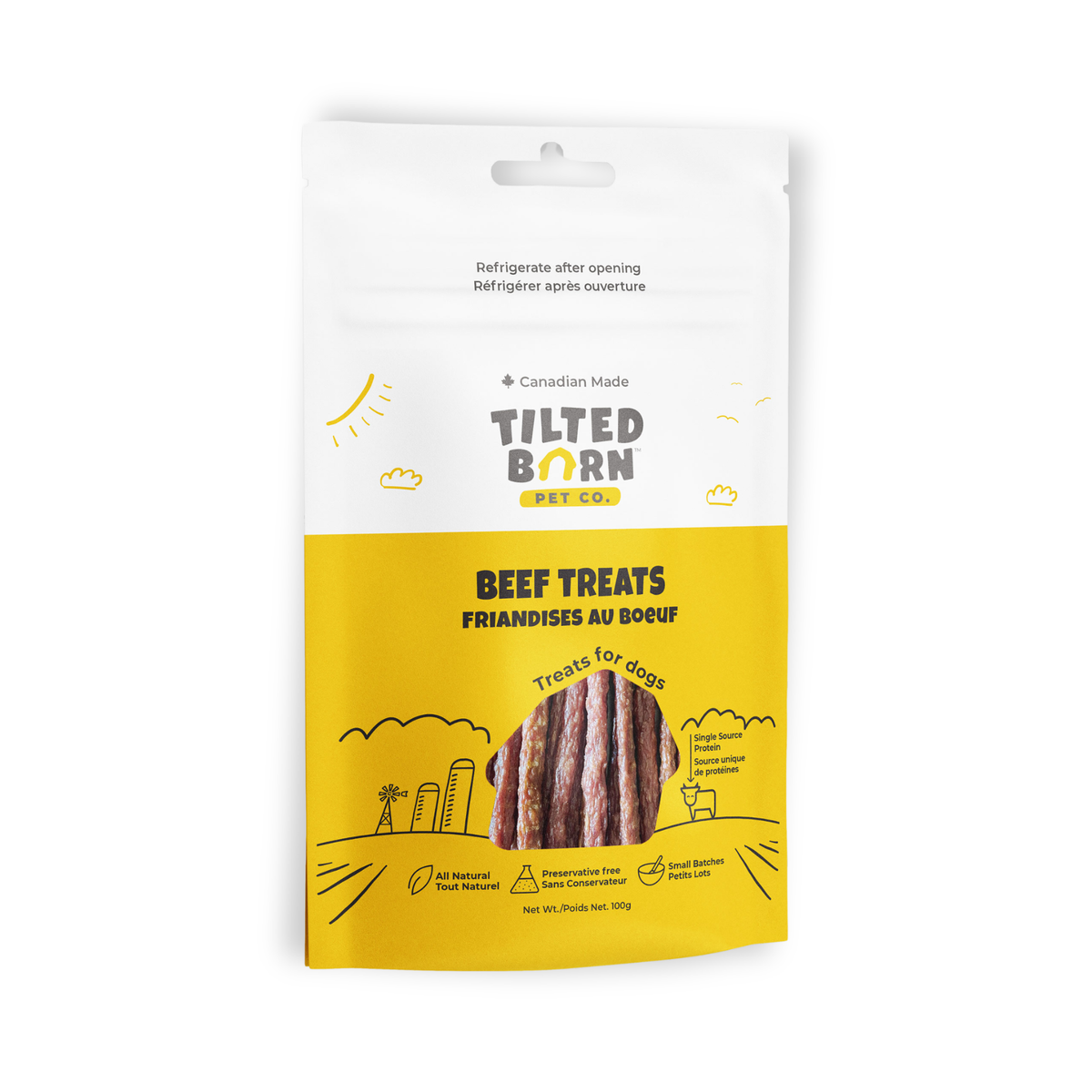 Front of Tilted Barn Pet Co. Beef Treats bag, Canadian made, showing beef stick treats