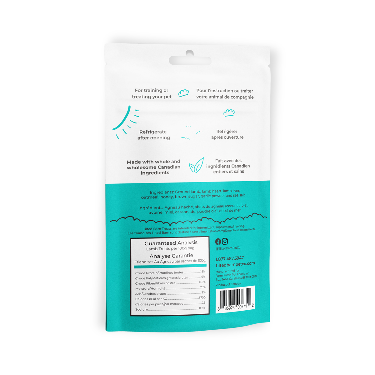 Back of Tilted Barn Lamb Treats bag with ingredients and guaranteed analysis panel