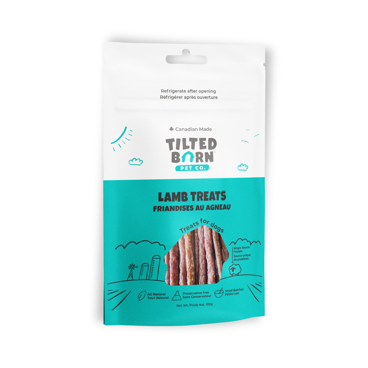 Front of Tilted Barn Pet Co. Lamb Treats bag, Canadian made, showing lamb stick treats