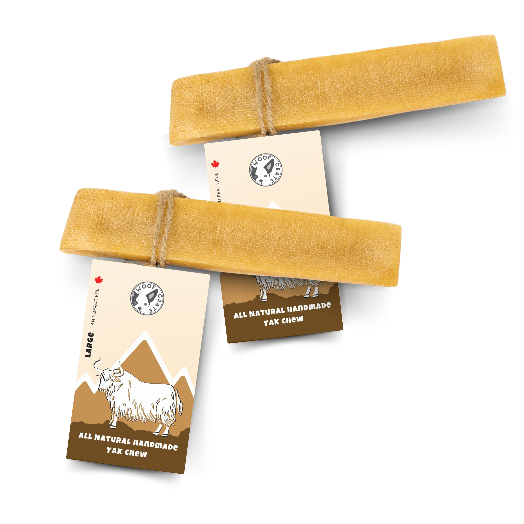 Two WoofCrate all natural handmade yak chews with tags showing large size and mountain design