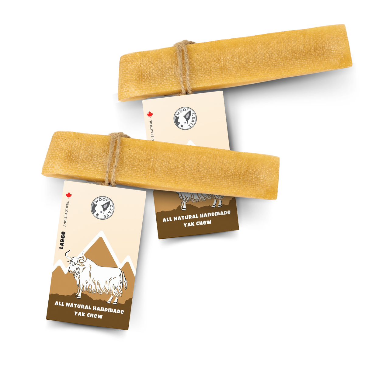 Two natural yak cheese dog chews tied with string to WoofCrate All Natural Handmade Yak Chew tags on a white background