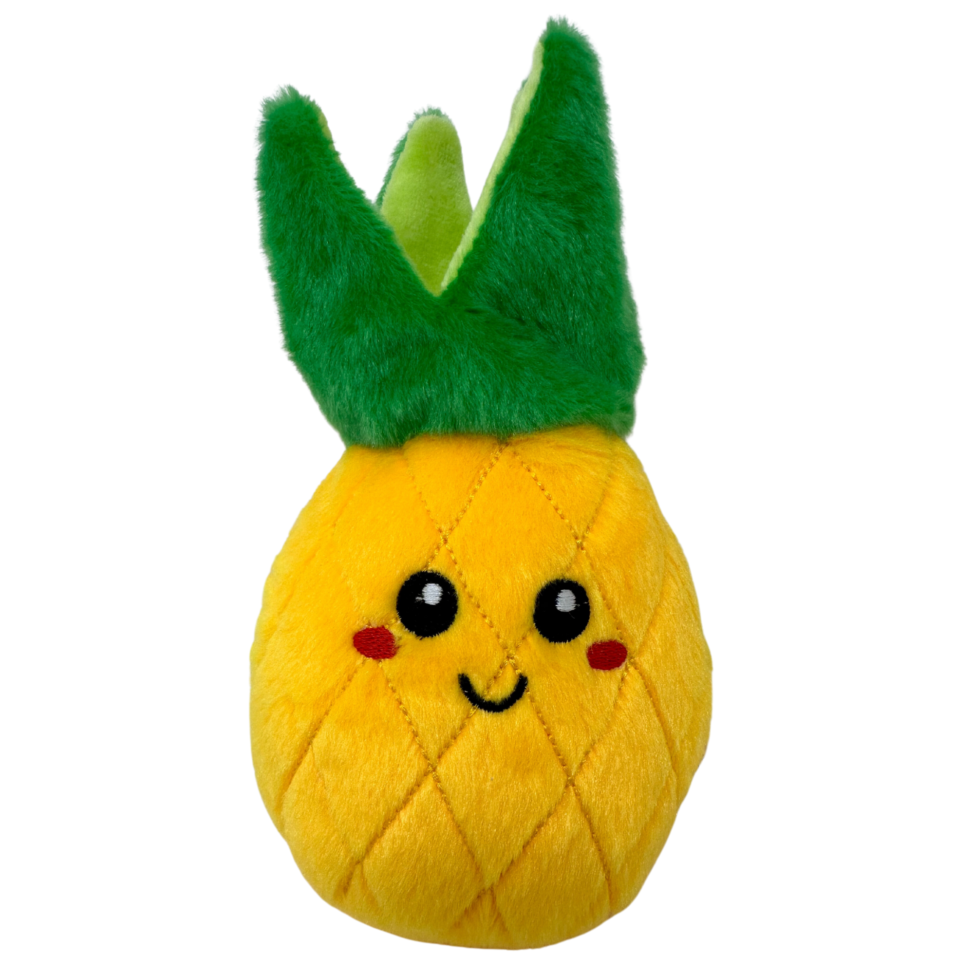 Yellow plush pineapple dog toy with smiling face, red cheeks, and green leafy top