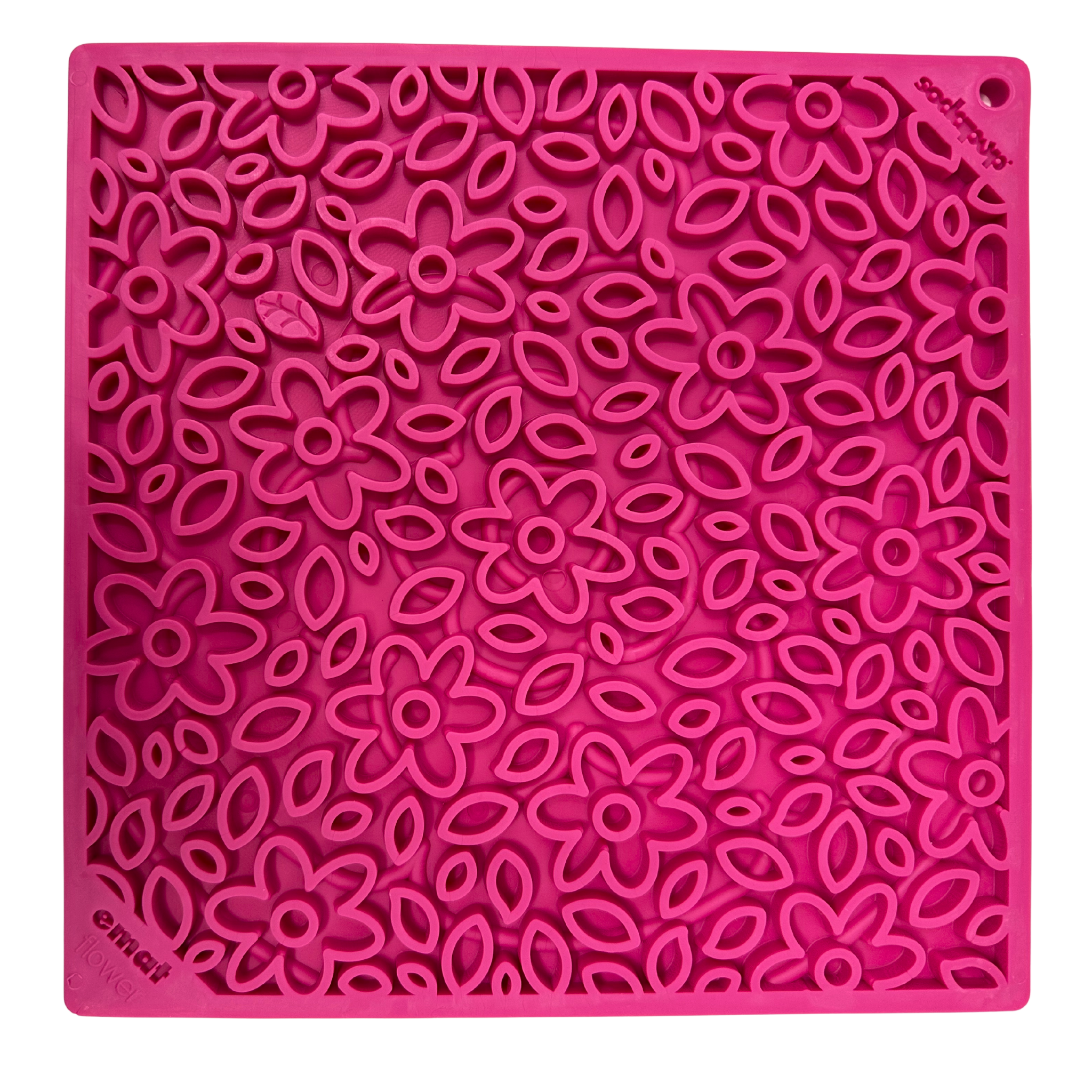 Close-up shot of a pink floral dog lick mat