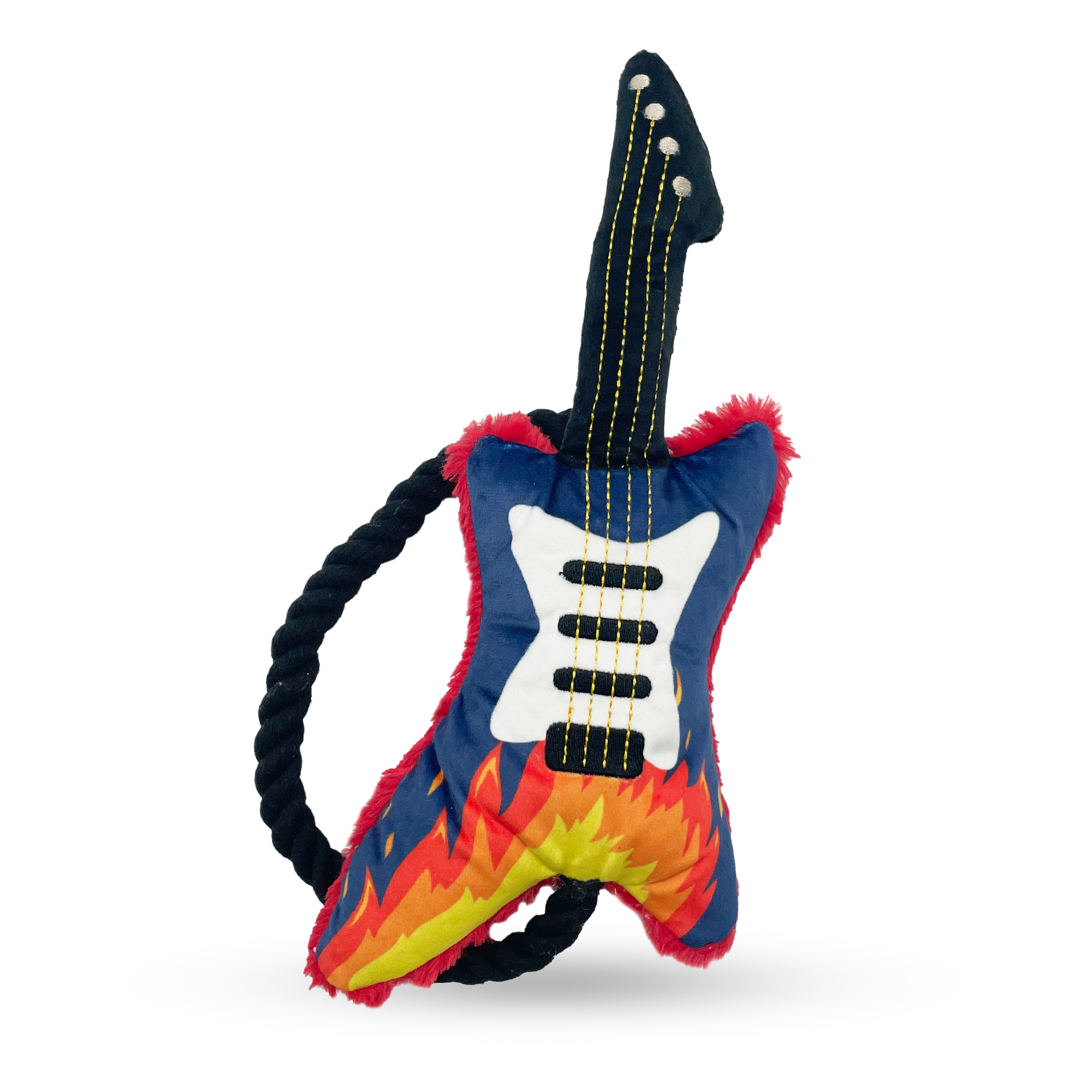 Guitar-shaped dog toy with flame pattern, rope handle, and stitched string details on the neck