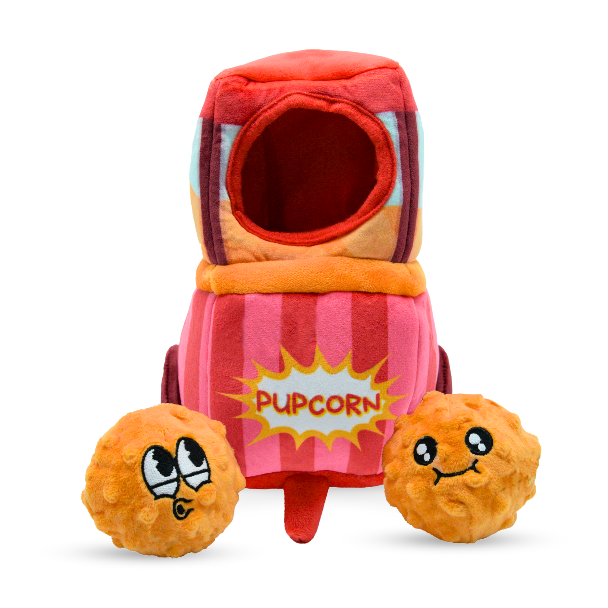 Plush pupcorn dog toy set with popper and two silly popcorn kernel toys