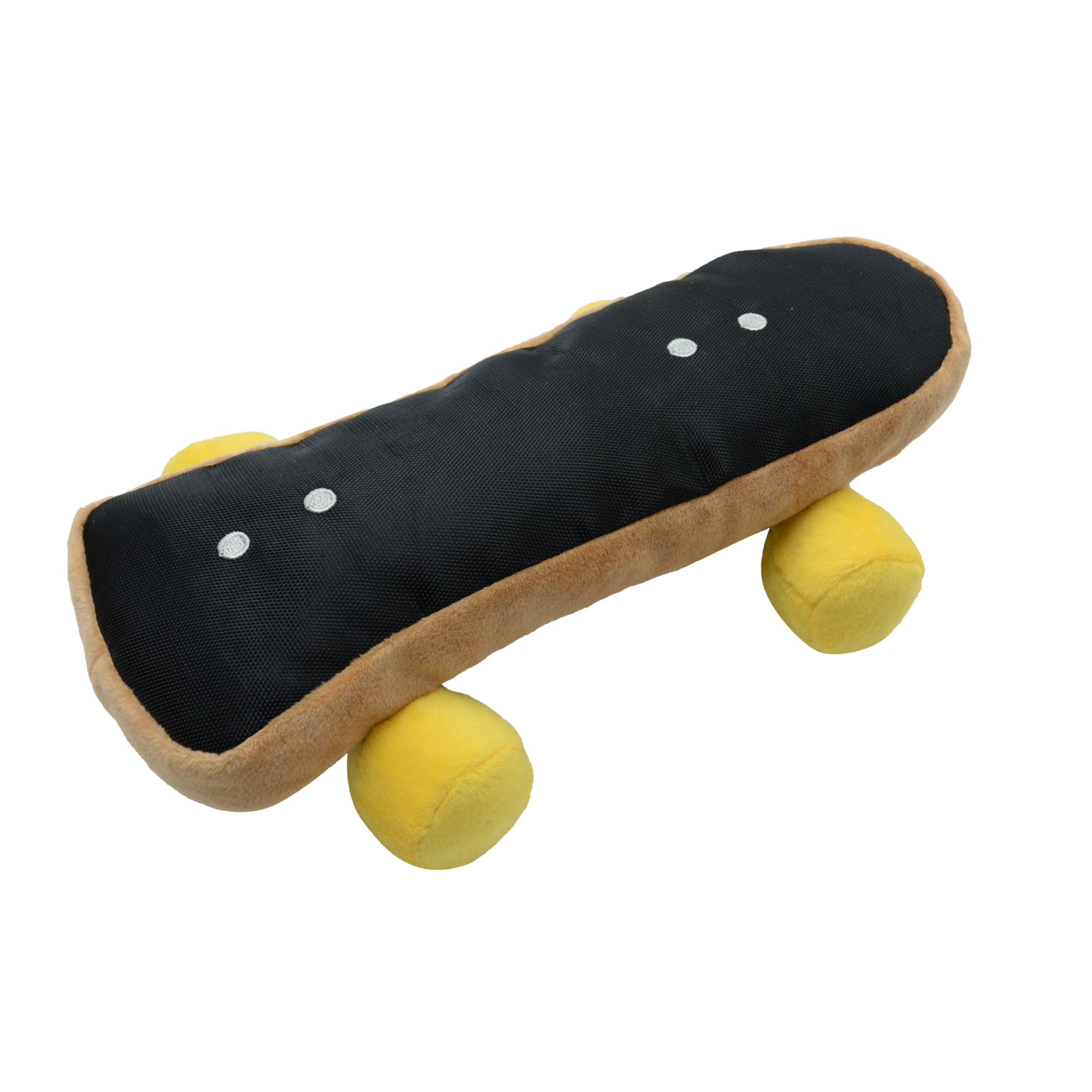 Plush dog toy shaped like a skateboard with yellow wheels and a black fabric deck