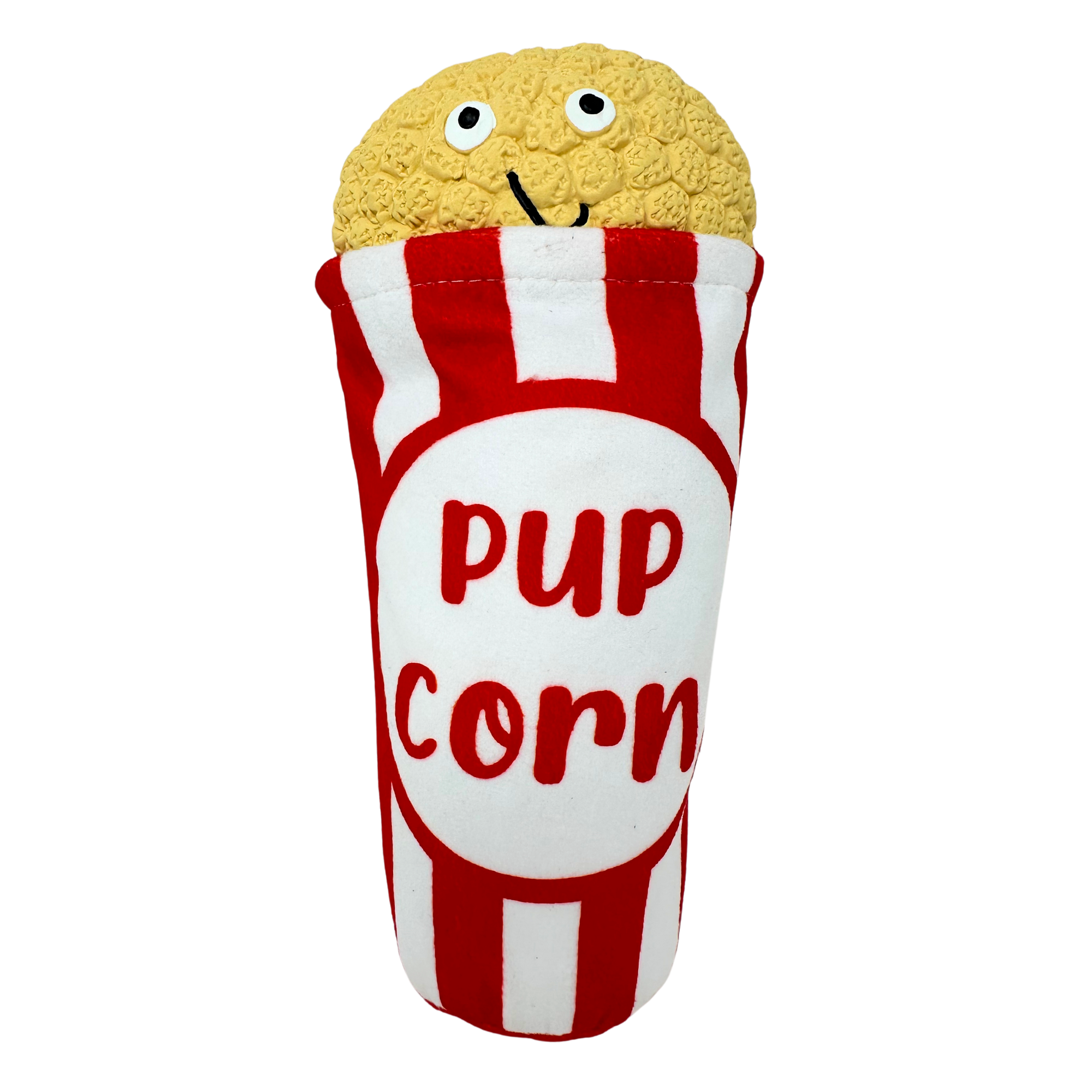 Plush popcorn dog toy with a “pupcorn” label on the bucket and a plush popcorn piece at the top