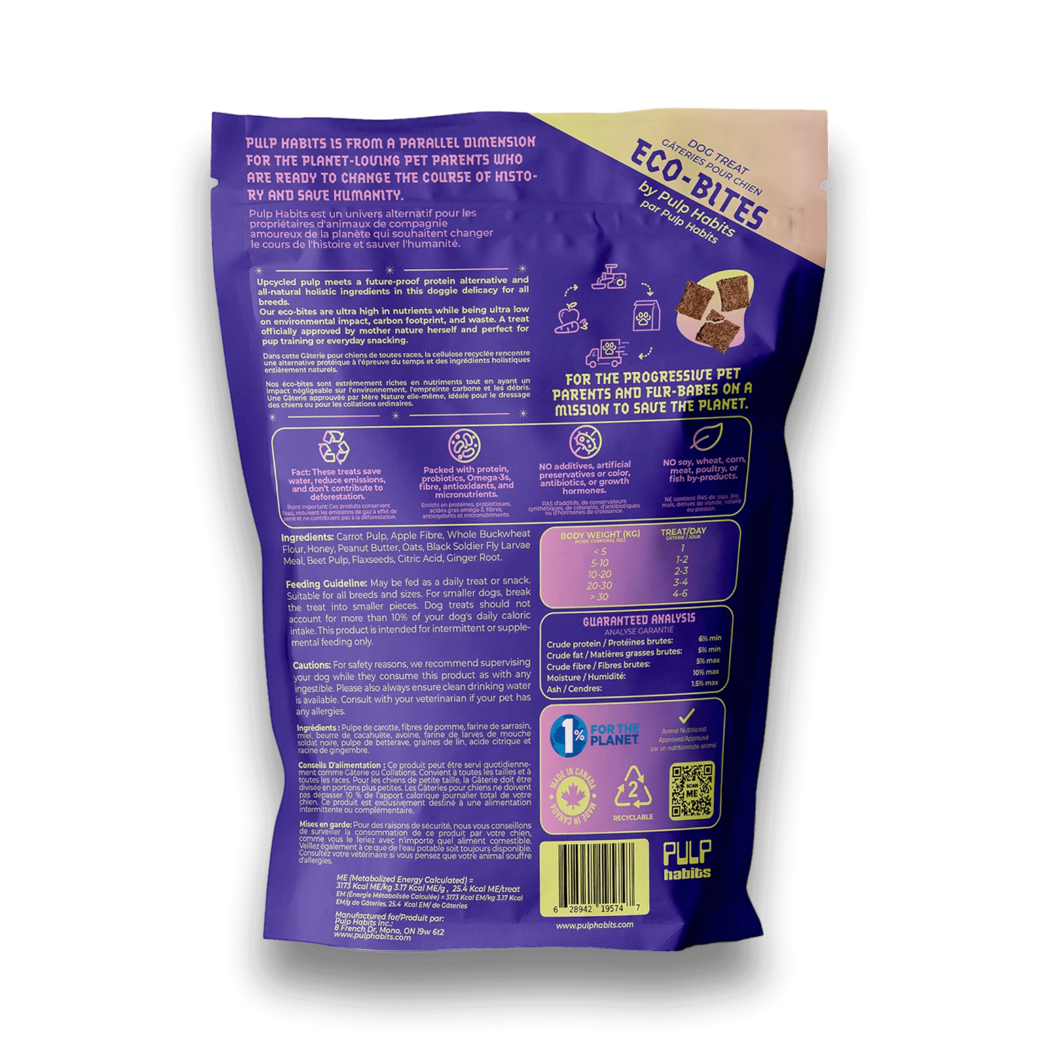 rear side of the pulp habits digestion dog treat bag.