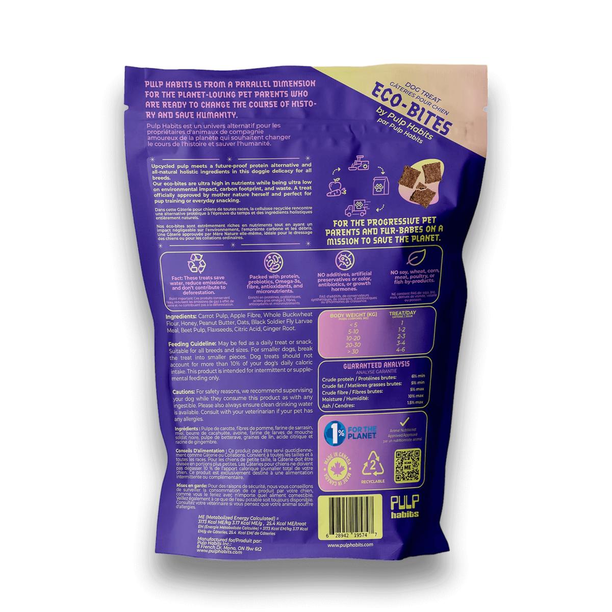 Rear side of the Pulp Habits digestion dog treat bag on a white background
