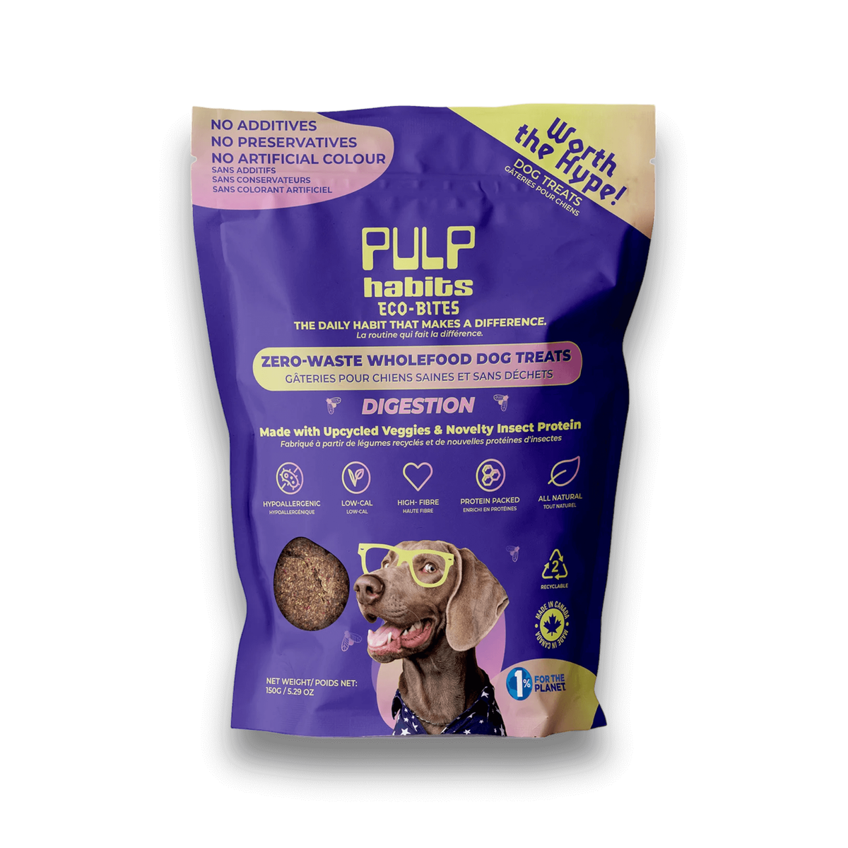Close-up of a bag of Pulp Habits digestion dog treats on a white background