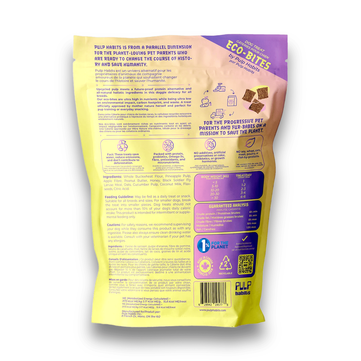 Rear side of the Pulp Habits skin and coat dog treat bag on a white background