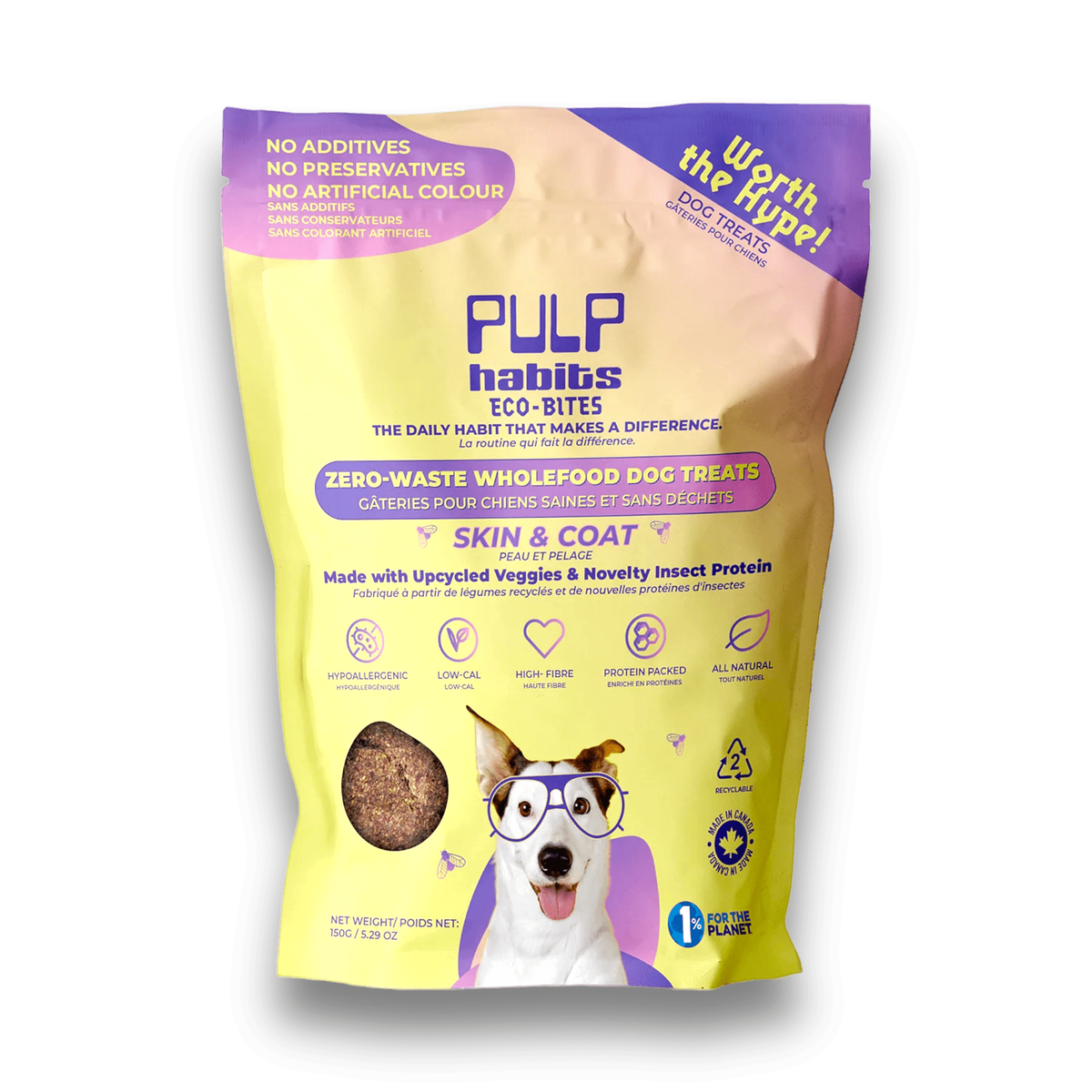 Close-up of a bag of Pulp Habits skin and coat functional dog treats on a white background