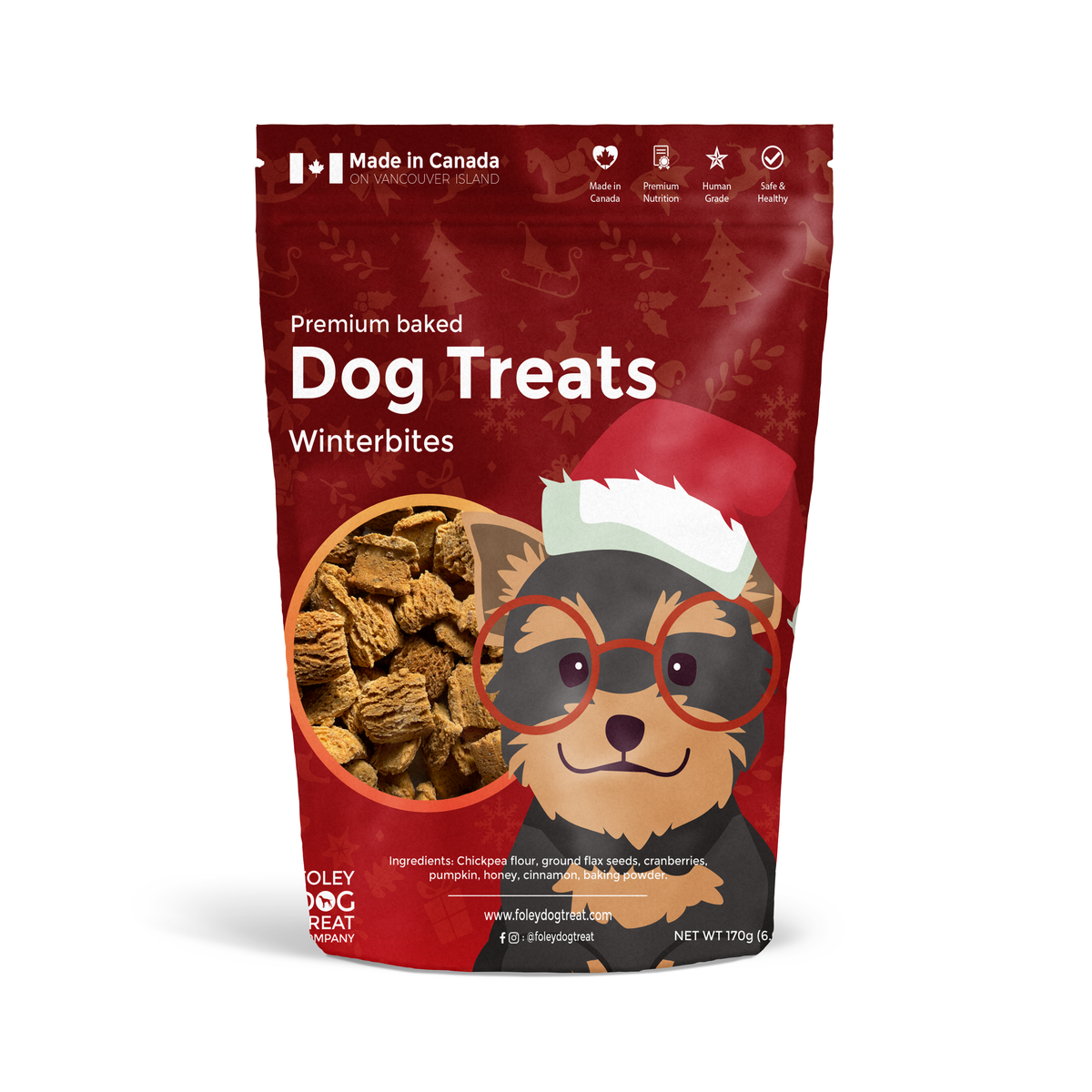 Foley's Winterbites premium baked dog treats bag with a festive dog in a Santa hat