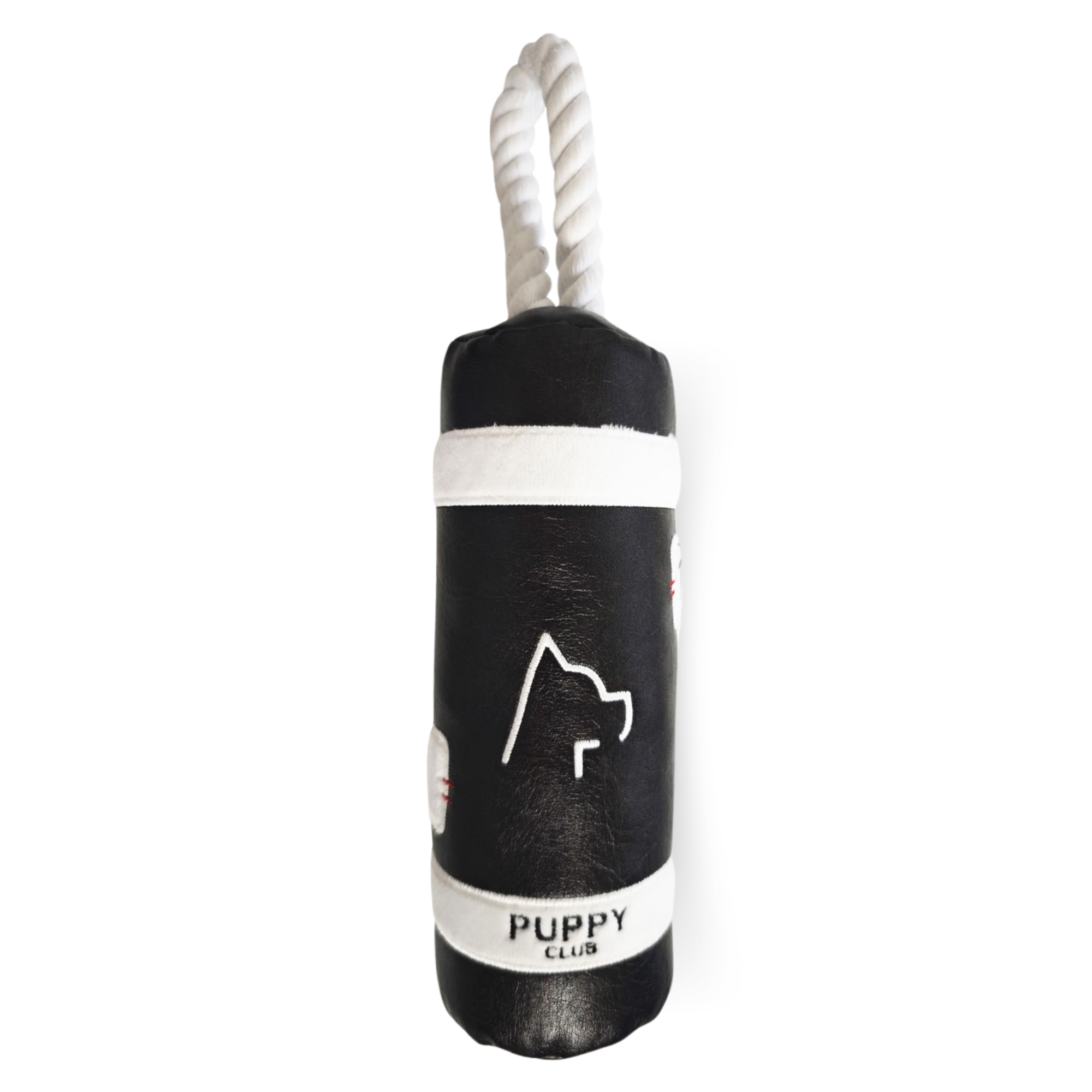 Black dog chew toy shaped like a punching bag with a dog silhouette, 'PUPPY CLUB' text, and a rope handle