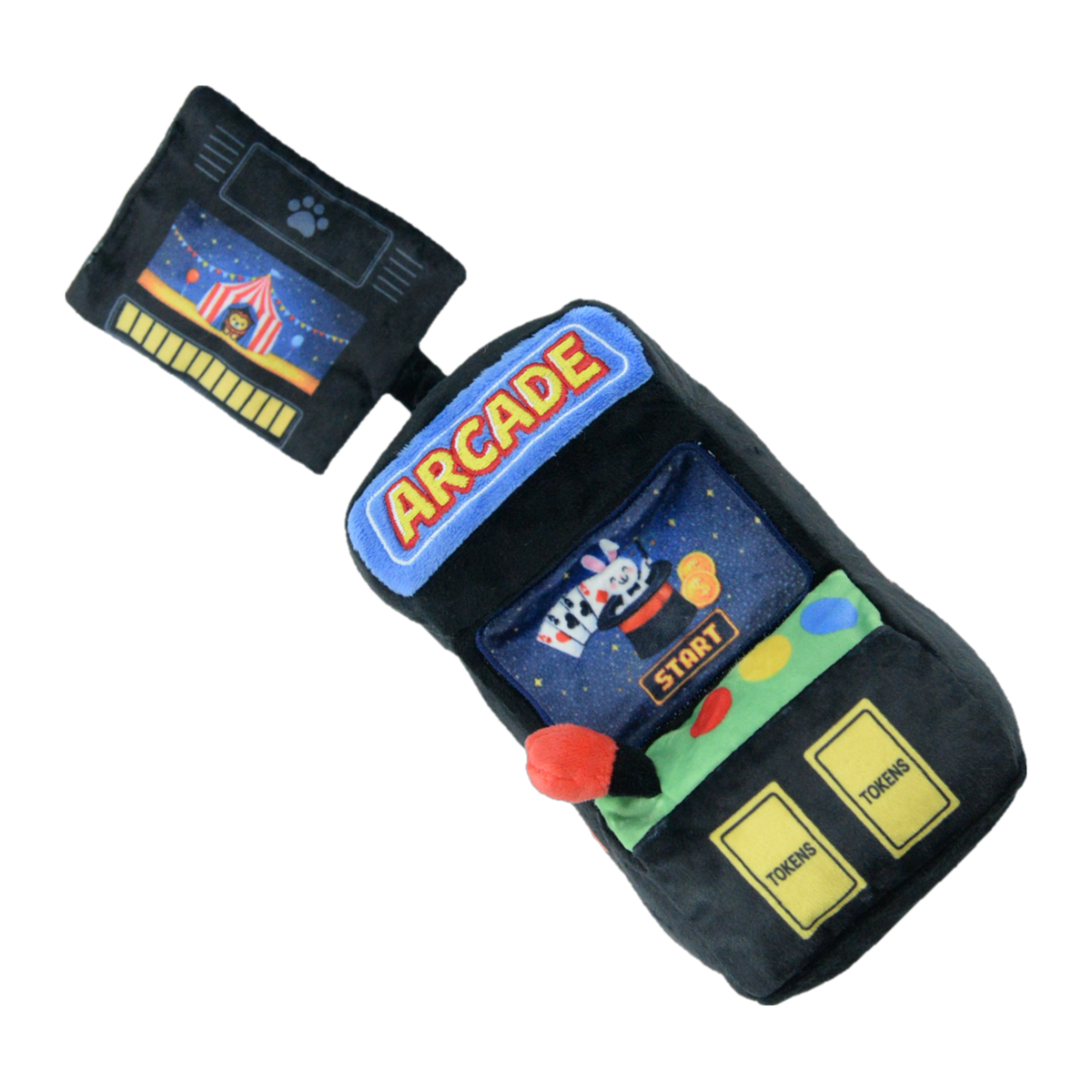 Waggly Retro Arcade Machine plush dog toy, black arcade cabinet with attached game cartridge