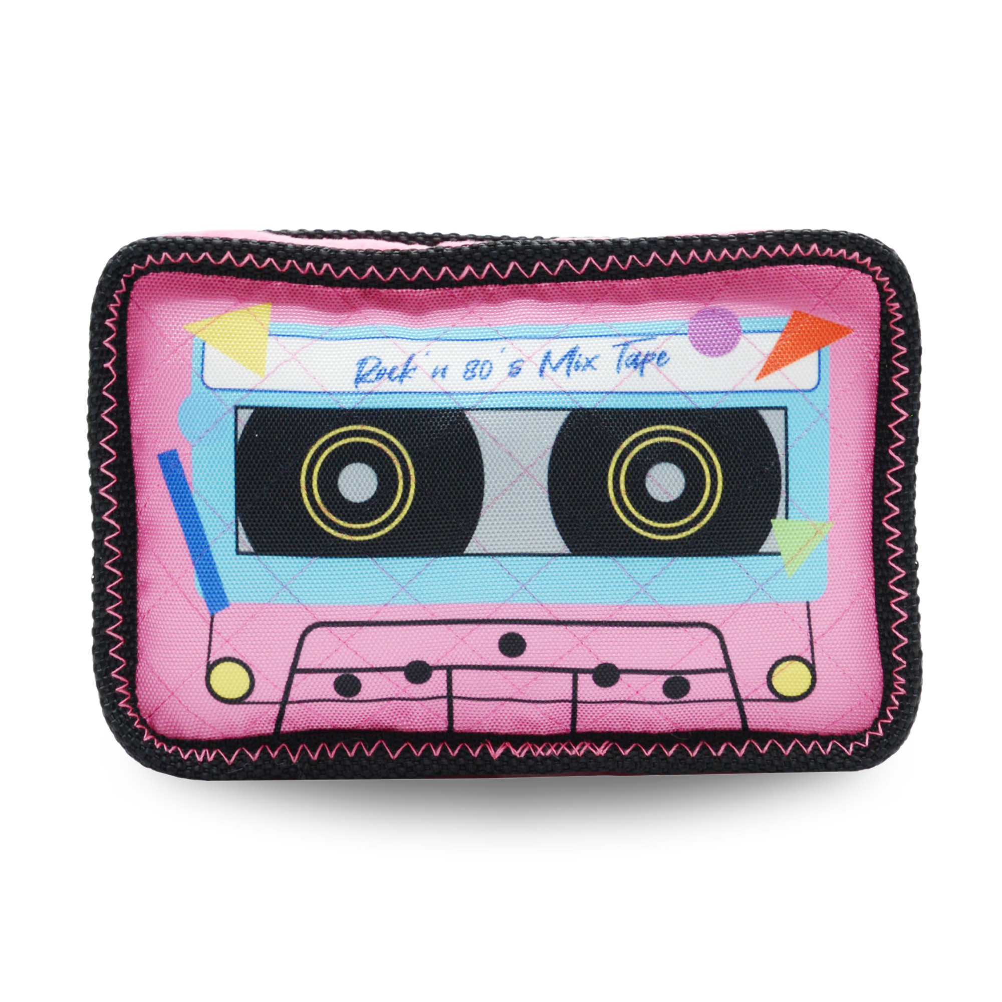 Pink dog toy shaped like a cassette tape with "Rock n 80's Mix Tape" label and quilted pattern