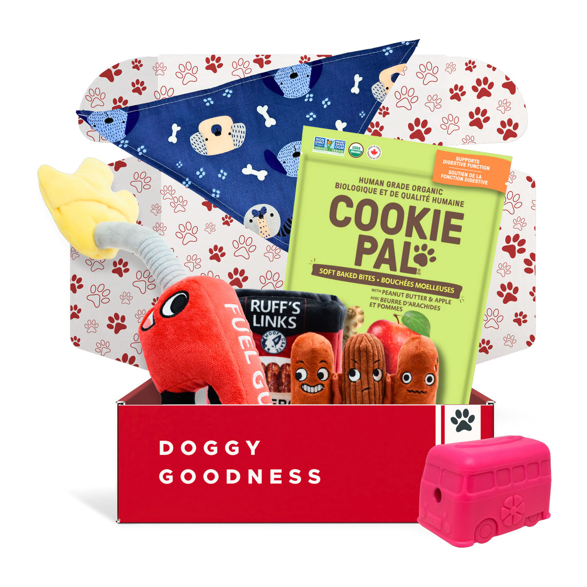 Rollin' Rovers road trip dog box with fuel pump and sausage plush toys, CookiePal treats, a bandana and a pink surfer van