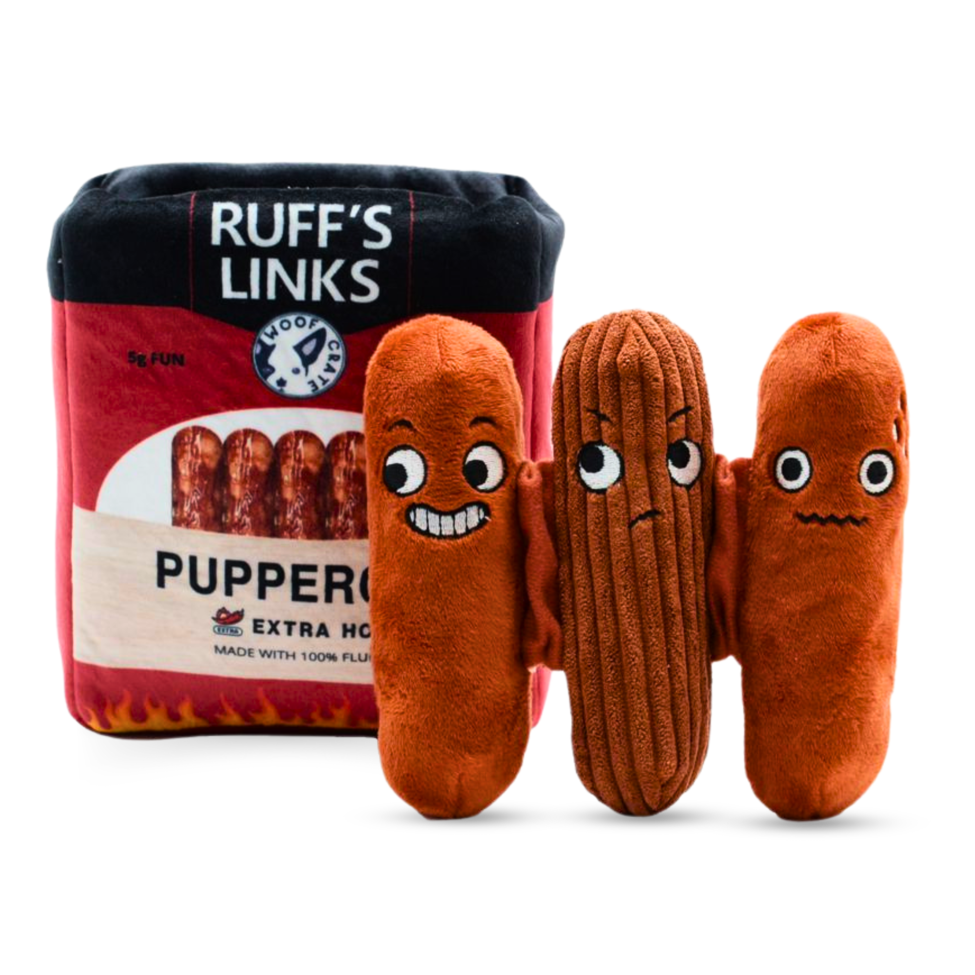 Ruff’s Links plush dog toy with squeaky sausages, each featuring a unique and expressive cartoon face