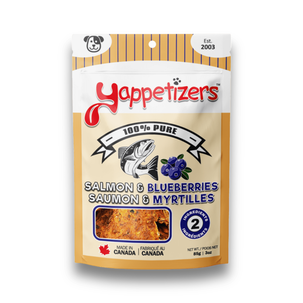 Yappetizers Salmon & Blueberries dog treat bag, 2 ingredients, made in Canada, on a white background