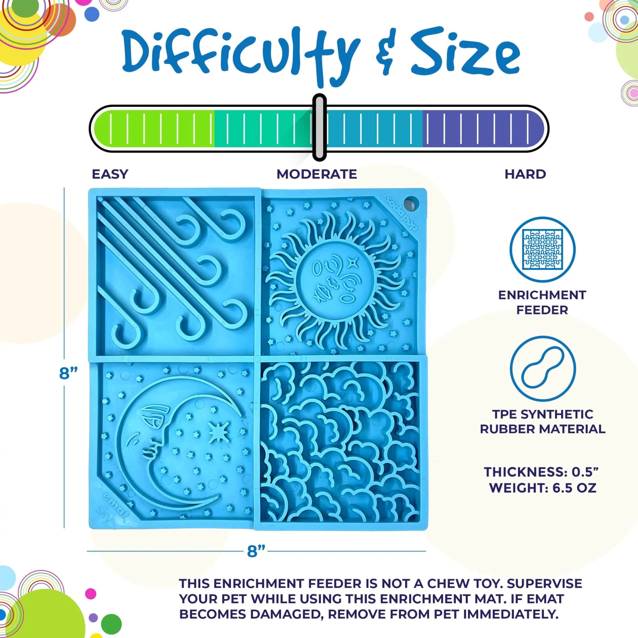 Blue enrichment feeder with sun and moon designs, labeled 'Moderate Difficulty' on a colorful background.