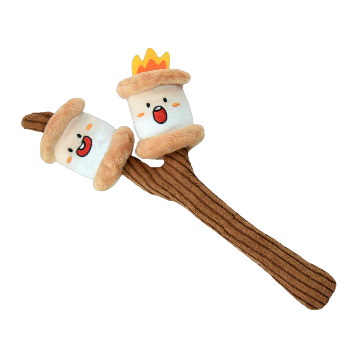 Waggly S'mores on a Stick plush dog toy, two s'mores on a brown corduroy stick