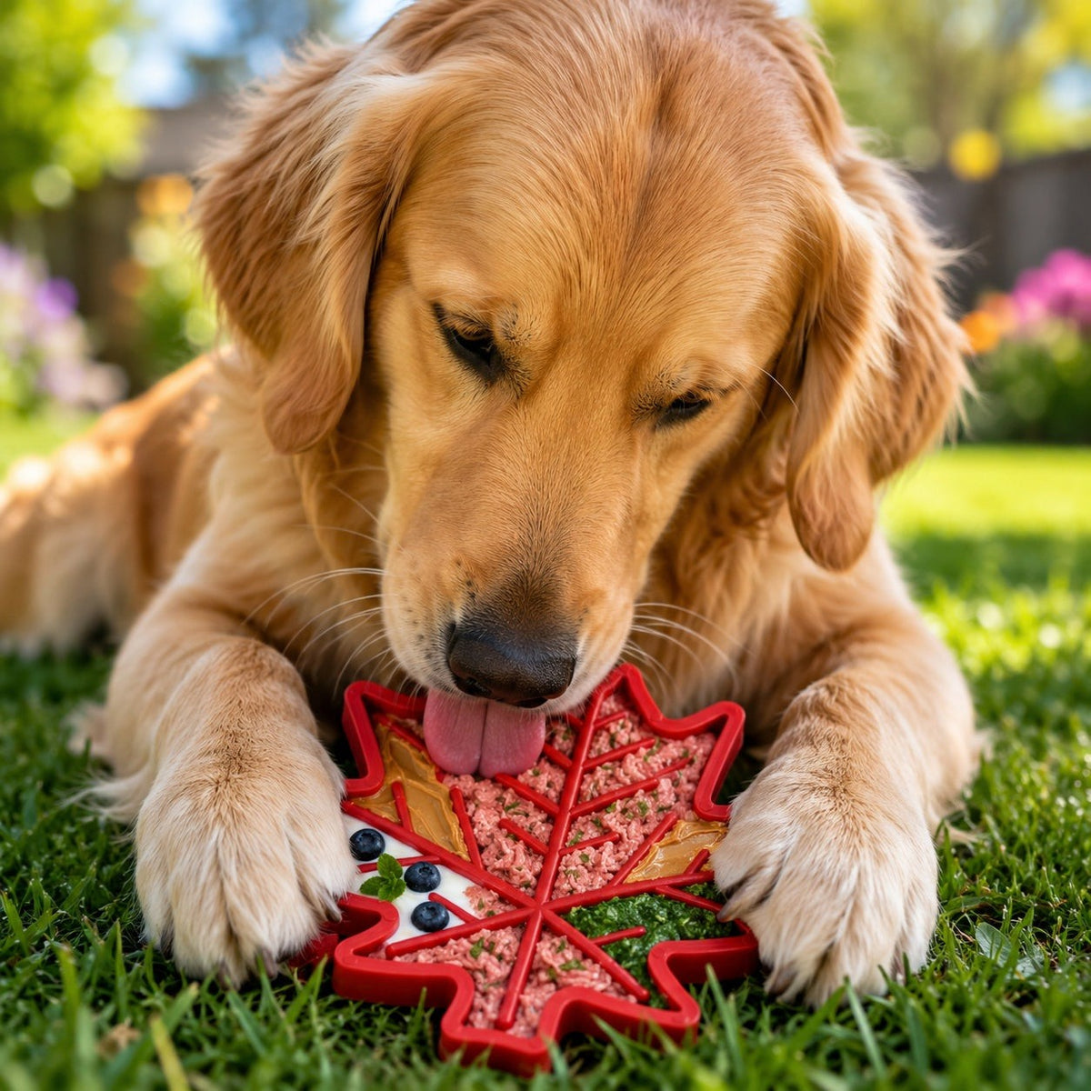 Golden retriever chewing a red SodaPup Maple Leaf nylon toy