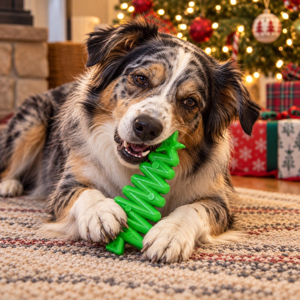 Dog chewing a green SodaPup Christmas Tree nylon toy by a Christmas tree
